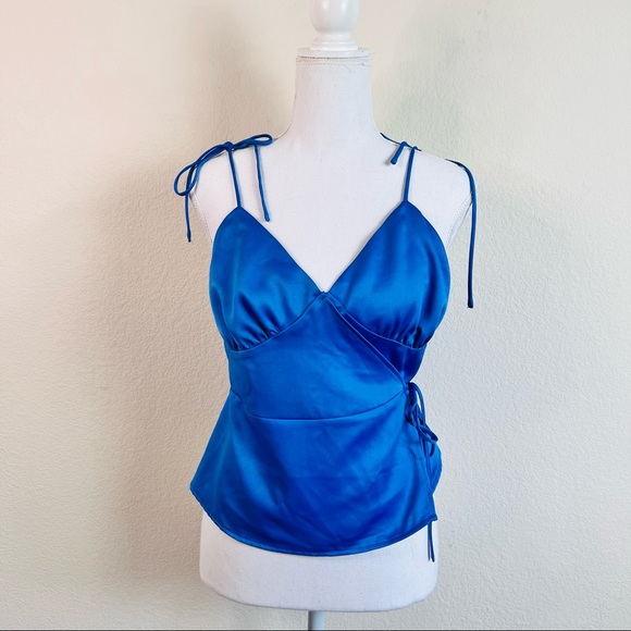 NWT Fashion Union Royal Blue Satin Wrap Self-Tie Peplum Cami Tank Top - Picture 1 of 12